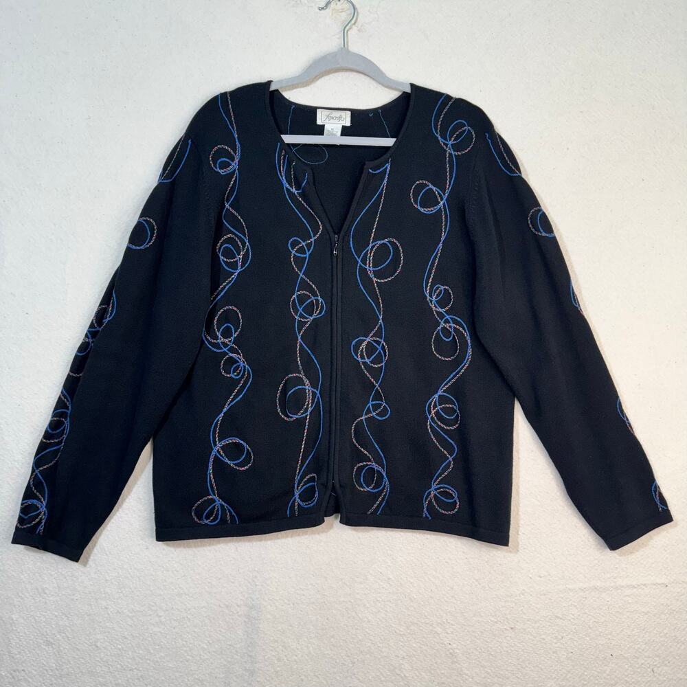 Foxcroft Blue Swirl Embroidered Black Zip Cardigan Sweater Size X-Large XL VTG